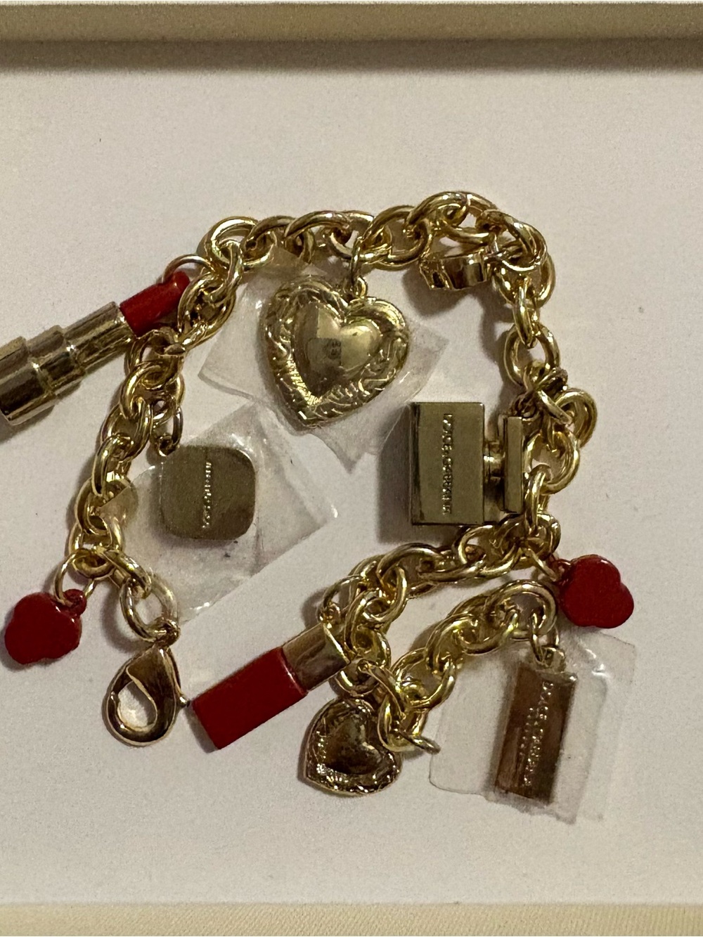 Dolce&Gabbana Gold Tone Cable Chain Red Heart Lipstick Dangle Charm Bracelet